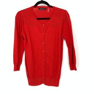 Modcloth MAK Cardigan Sweater Womens Sz Medium Red Pointelle Detail 3/4 Sleeve